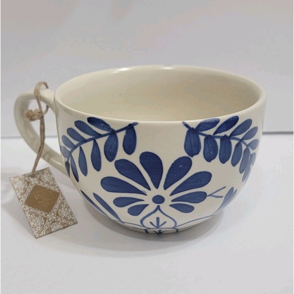 Hand Painted Ceramic Soup Mug Blue Floral Vine Handcrafted Made in India NWT